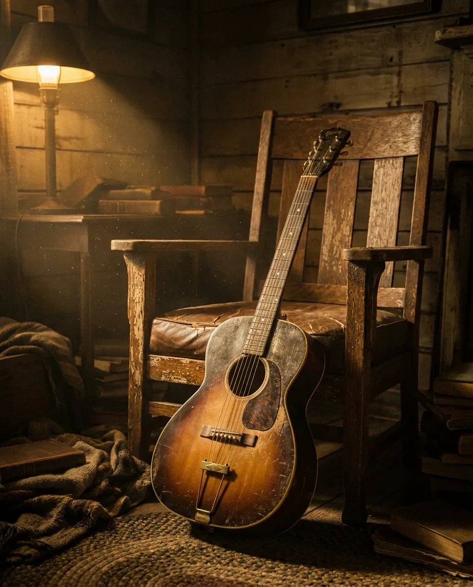 Vintage acoustic guitar resting on a wooden chair under warm tungsten light