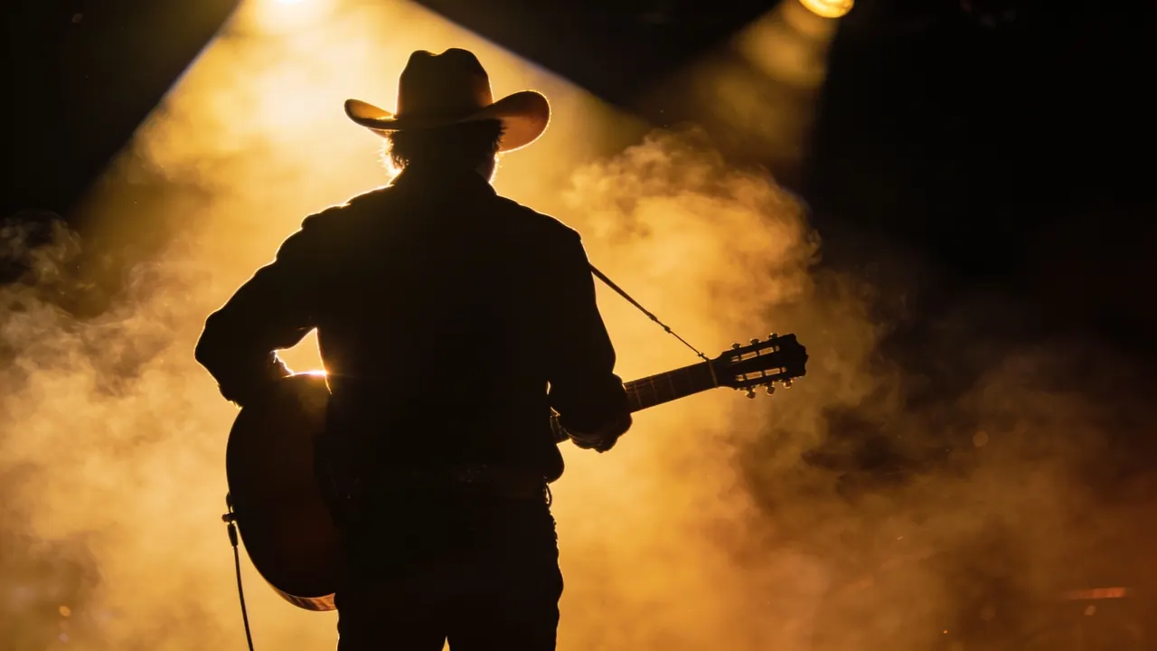 Fred Winston in silhouette with an acoustic guitar under golden stage lights